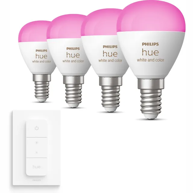 Philips Hue Voordeelpakket - E14 - met 4 Kogellampen - Wit en Gekleurd Licht - Incl. 1 Hue Dimmer Switch - Hue White and Color Ambiance