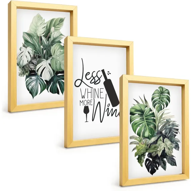 TULUP 4-Delige Schilderij Set - Groene plantenbladeren met het opschrift "wijn". - 20 x 30 cm - Decoratieve Schilderijen - Woonkamer - Interieur - Moderne Wanddecoratie Gouden lijst