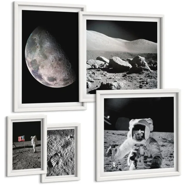 TULUP 4-Delige Schilderij Set - Maanlandschappen met astronauten en ruimteverkenning - 50 x 50 cm, 20 x 30 cm en 40 x 60 cm - Stijlvolle Wanddecoratie - Interieur - Moderne Wanddecoratie Witte lijst