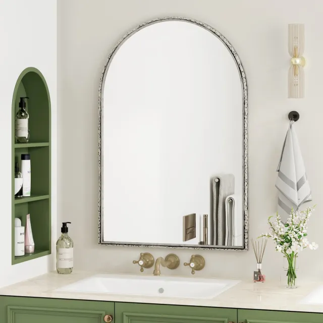 MEUNIQ Boogvormige wandspiegel 61 x 91 cm met zilverkleurig ijzeren frame en gehard glazen spiegelvlak voor badkamer, slaapkamer, hal of woonkamer
