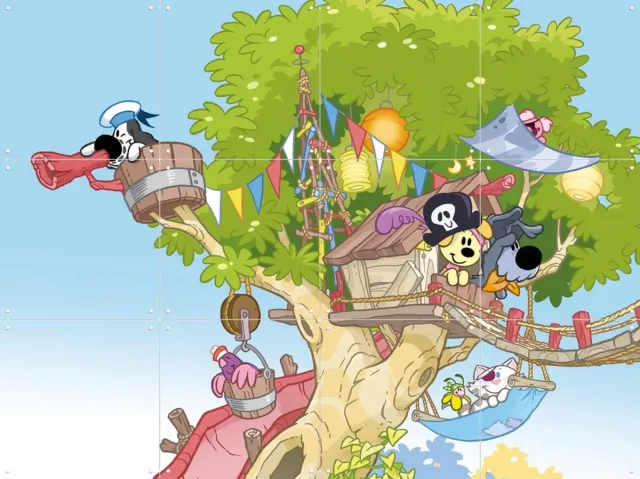 IXXI Woezel & Pip in de Boomhut, Woezel & Pip & Van Hoorne Studios - 80 x 60 cm - Grote wanddecoratie en posters - Cartoonesk, Illustraties Blauw / Groen