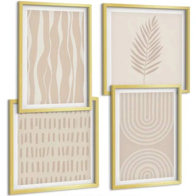 TULUP 4-Delige Schilderij Set - Patronen in beigetinten met plantmotieven - 40 x 40 cm en 40 x 60 cm - Stijlvolle Muurdecoratie - Slaapkamer - Wanddecoratie Gouden lijst