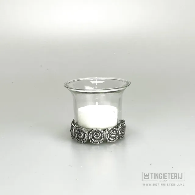 De tingieterij Waxinelichthouder met Rozenrand - sfeerverlichting - bloemenrand - Theelicht - Woninginrichting - Landelijk - Handgemaakt en uniek Zilver
