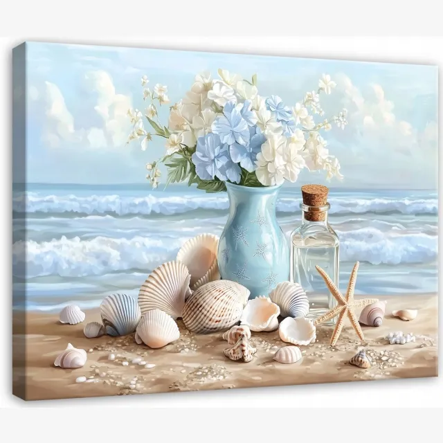 WALLARENA Schilderij op canvas - 100x70 cm - abstracte bloemenvaas aan zee - bloemen wanddecoratie voor woonkamer en slaapkamer Veelkleurig
