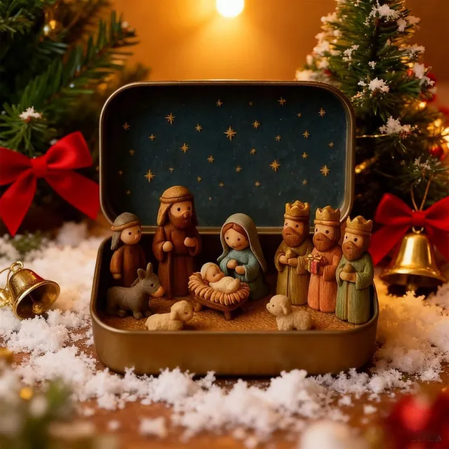 Famanu Set van blik kerststal seizoensdecoratie met de Heilige Familie Zwart
