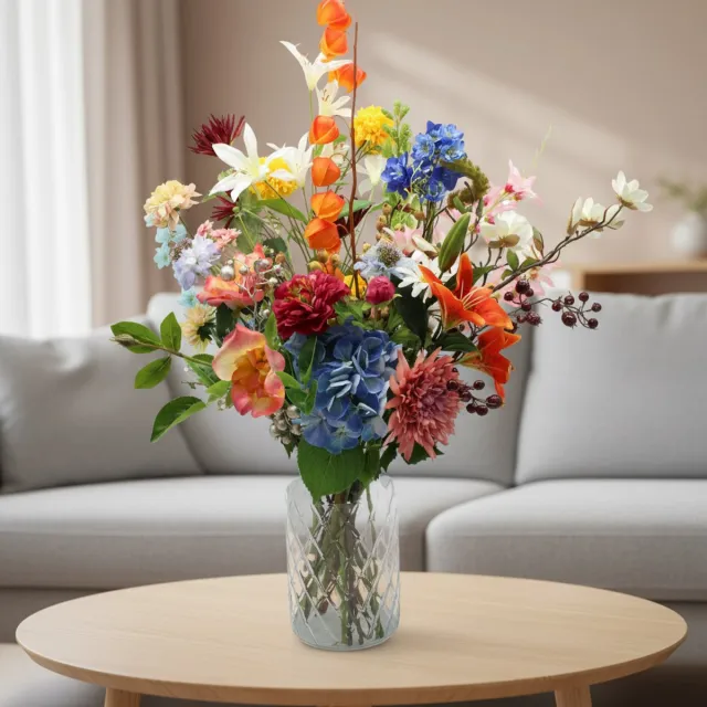 Bloemenjunkie kunstbloemen - Styling box - inclusief vaas - 23 bloemen - zijdenbloemen - nepbloemen oranje, geel, wit, roze, groen,