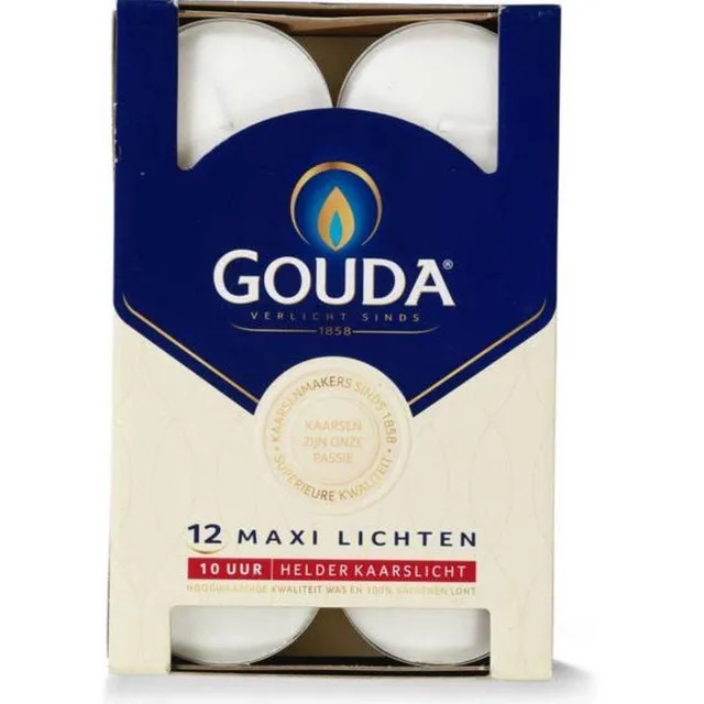 Gouda maxi theelichten 10 branduren - doos met 12 waxinelichtjes wit