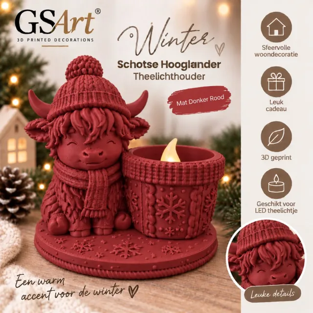 GSArt Theelichthouder Schotse Hooglander Winter – inclusief LED-kaarsje - Mat Donkerrood