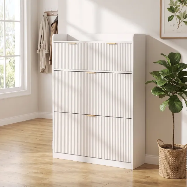 MEXUS Schoenenkast, Schoenenkast Hal, Houten Schoenenkast met 2 Lades en 2 Neerklapbare Deuren, Geschikt Sneakers, Canvas Schoenen Casual Schoenen, Schuin Worden Opgeborgen Ruimte te Besparen wit