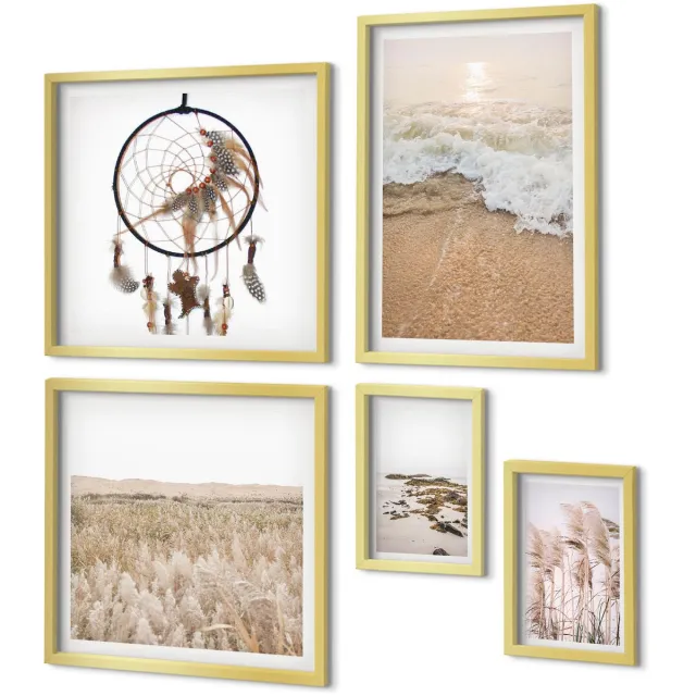 Coloray 5-Delige Schilderij Set - Natuurlijke Landschappen Met Strand- En Plantenmotieven - 50 x 50 cm, 20 x 30 cm En 40 x 60 cm - Moderne Wanddecoratie - Woonkamer - Stijlvolle Muurdecoratie Gouden lijst