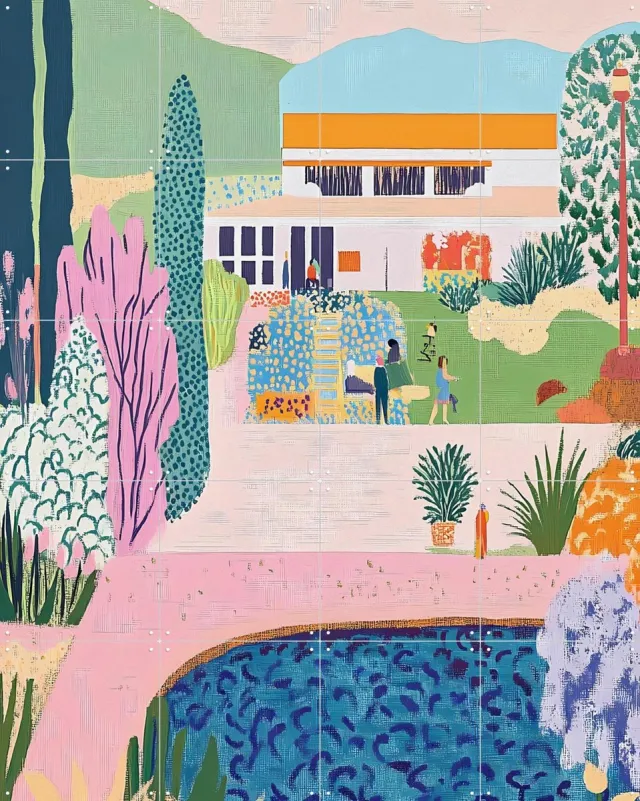 IXXI Museumtuin, Artclaud - 80 x 100 cm - Grote wanddecoratie en posters - Abstract, Digitale Kunst, Kleurrijk, Speels, Illustraties, Woonkamer Roze / Blauw / Groen