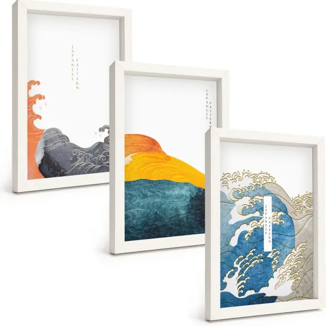 TULUP 3-Delige Schilderij Set - Golven in Japanse grafische stijl - 20x30 - Moderne Wanddecoratie - Slaapkamer - Woonkamer Decoratie Witte lijst