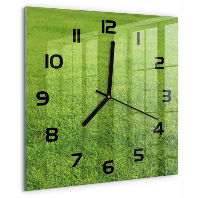 TULUP Wandklok - Groen gras Moderne Wandklok Glas - 30x30 cm - Groente Wandklok Glas Decoratie - Zwarte handen - Vierkante Klok - Glazen Wandklok Design - Klok Glas Met Opdruk