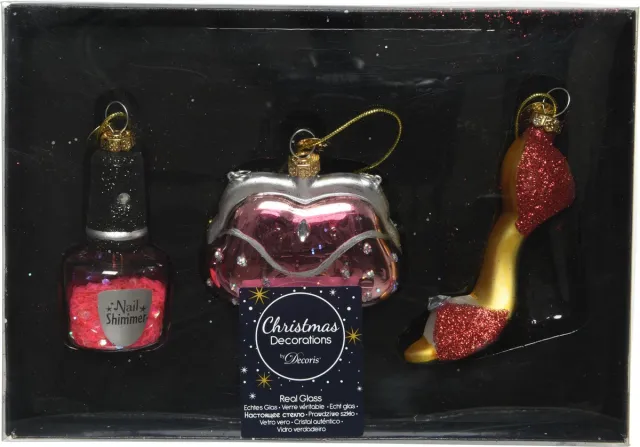 Decoris kersthangers - 3x - nagellak, handtas en pump - 7 cm - glas - Beauty kerstboomversiering Multi