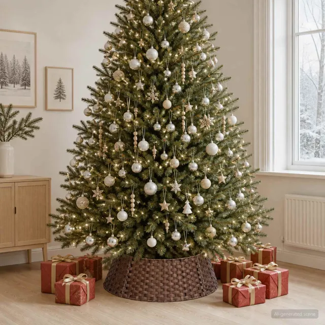 vidaXL Kerstboomkraag Rond Donkerbruin Dia. 90 x 28 cm poly rattan