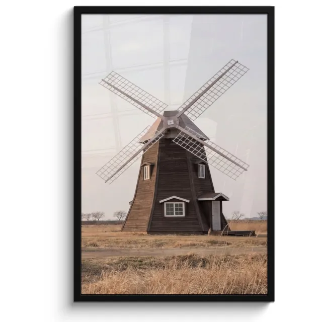 FrameYourWall Poster in lijst - Fotolijst 60x90 cm - Posters - Windmolens - Landschap - Veld - Posterlijst zwart - Decoratie - Wanddecoratie woonkamer - Muurdecoratie slaapkamer