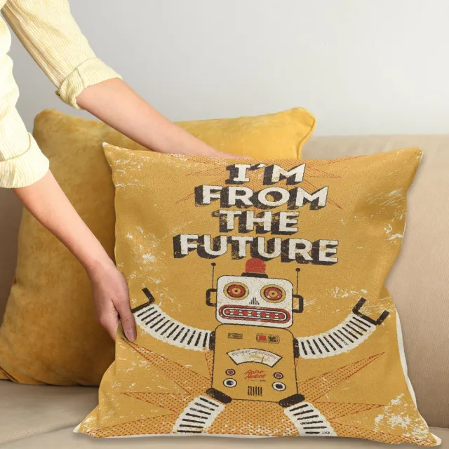 ABAKUHAUS Vintage Sierkussenhoes, Future Woorden met Robot Fiction Electronic Pop Kunst Stijl Illustratie Print, Decoratieve Vierkante Sierkussenhoes, 40 x 40 cm, Mosterd