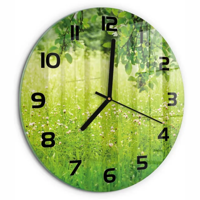 TULUP Wandklok - Groene weide Glazen Klok Met Print - fi30 cm - Groente Wandklok Glas Met Motief - Zwarte handen - Ronde Klok - Wandklok Glas Decoratie - Gekleurde Glazen Klok