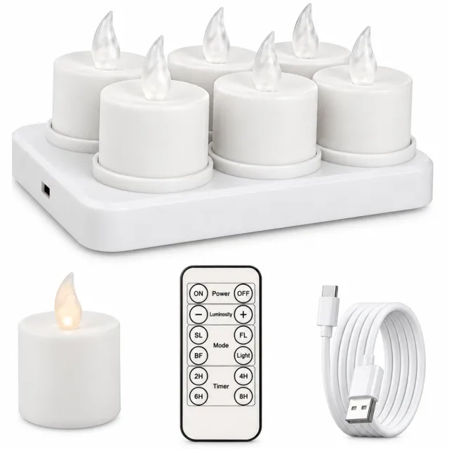 SWGOTA led kaarsen, set van 6 witte theelichtjes met gladde behuizing, warm licht, afstandsbediening en Type-C-opladen, inclusief basis met 6 plaatsen en kabel