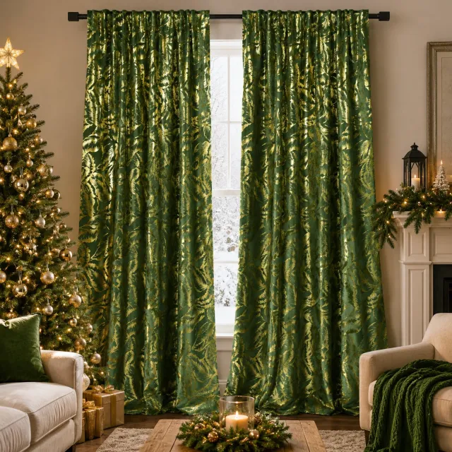 LAPAMAX Gordijn met Multifunctionele Ophangband en Goudkleurig Bladpatroon - Verduisterend Overgordijn van Zacht Velours - Kerstgordijn voor Woonkamer, Slaapkamer en Kerstdecoratie - Groen - 132 x 274 cm - 2 Stuks