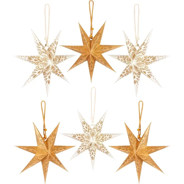 Brubaker 6 papieren sterren Kerstmis - poinsettia decoratieset - 20 cm vouwsterren goud wit - grote boomdecoratie papieren sterren - kerstboomversiering - kerstboom- en raamdecoratie Goud / Wit
