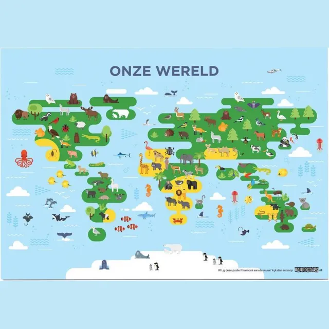 eduposters Educatieve poster (Posterpapier) - Topografie wereld onze dieren - 59.4 x 42 cm (A2) Geel