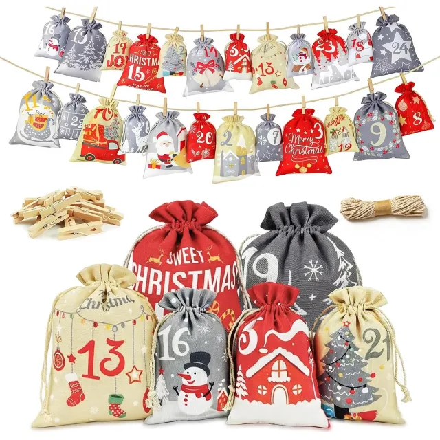 KZQ Adventskalender Cadeautasjes 2026 - 24 Stoffen Tasjes In 2 Maten, Herbruikbaar, Met 24 Houten Clips En Jutekoord Voor DIY Kerstdecoratie Zoals getoond in de afbeelding
