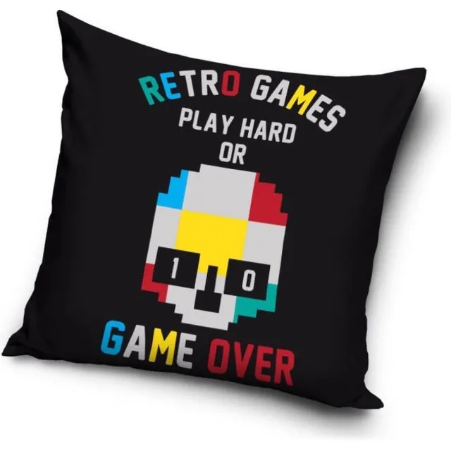 Carbotex Retro Games Play Hard or Game Over - Sierkussen Kussen 40 x 40 cm (inclusief vulling, met ritssluiting) Multi