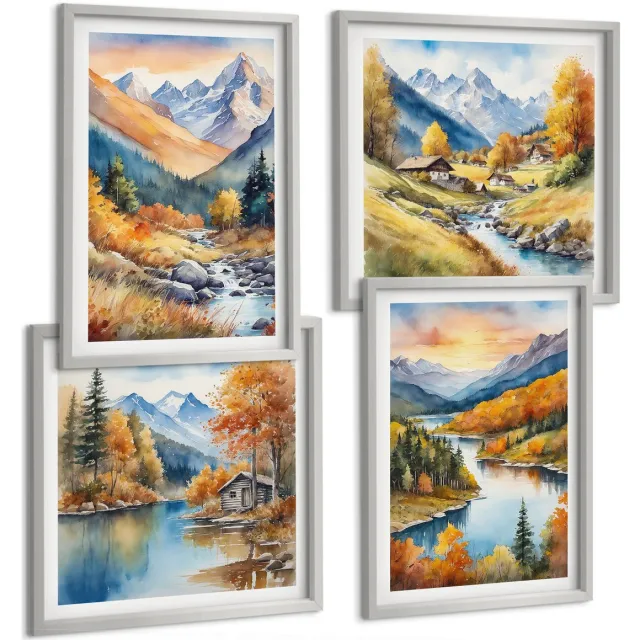 TULUP 4-Delige Schilderij Set - Berglandschap met een rivier en herfstbomen - 40 x 40 cm en 40 x 60 cm - Wanddecoratie - Muurdecoratie - Woonkamer - Decoratieve Schilderijen Zilveren lijst