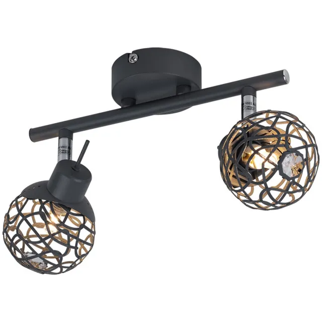 Globo Plafondlamp 2-lichts aluminium plafondlamp eetkamer design grijs aluminium mesh kristal, beweegbare spots, 2x G9, LxBxH in cm: 25x8x14 cm Antraciet