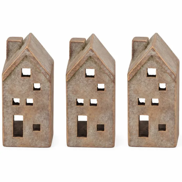DK design Daan Kromhout - Waxinelichthouder - Set van 3 - Huisjes - Beton - Grijs - Goud - 7x8x14cm - Kerst