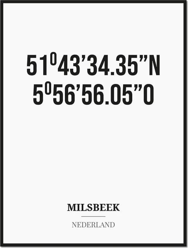 Studio216 Poster/kaart MILSBEEK met coördinaten zwart, wit