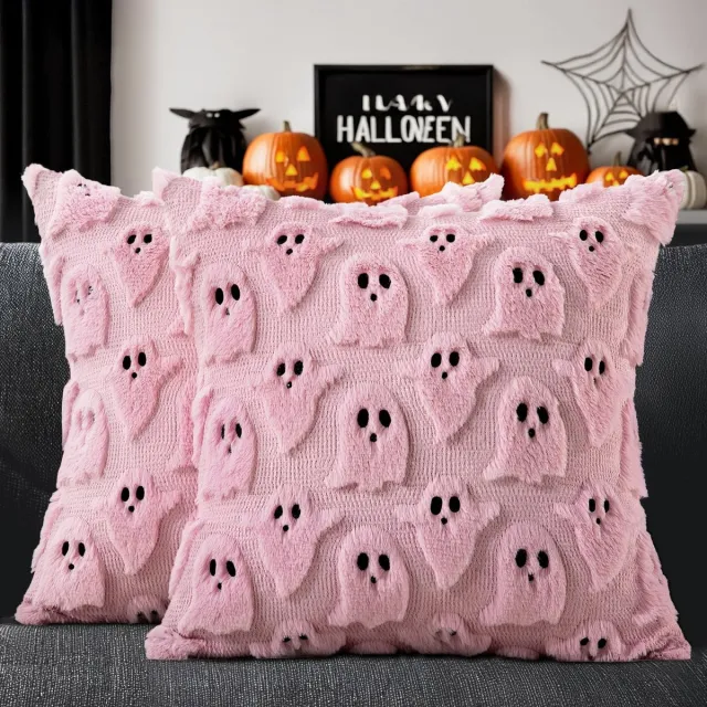 HisKes Set of 2 Pink Halloween Ghost Pillow Covers 18×18 Inch - 3D Embroidered Faux‑Fur Polyester Cushion Cases - Sweet Spooky Pastel Decor for Sofa Bedroom Cottagecore Boho Home Decor (Inserts Not Included) roze
