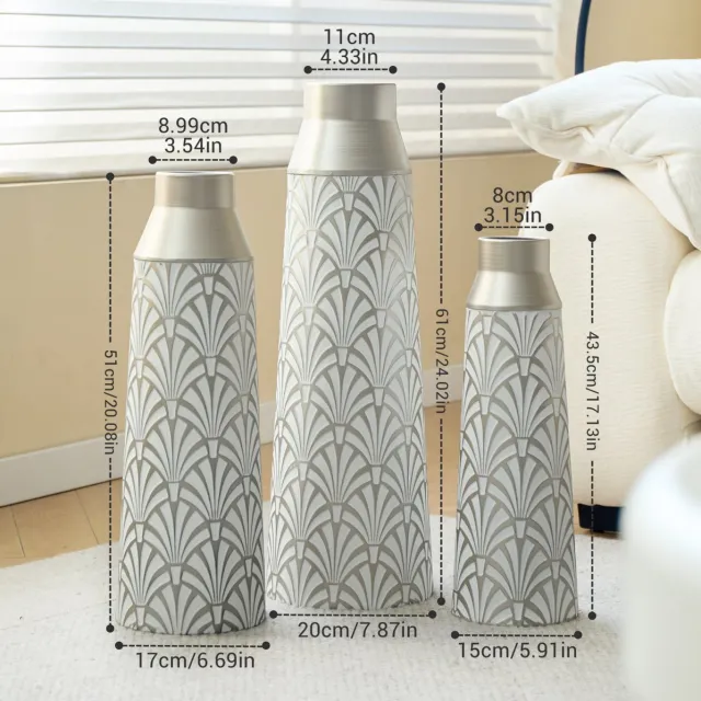 DESMIU Vaas 3 Delige Set – Reliëf Motief – 43,5 51 61 Cm – Metaal – Zilver – Decoratie Voor Woonkamer Hal En Entree Silver