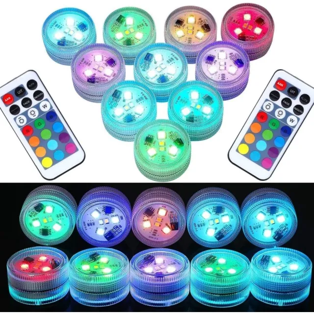 GelldG 10 stuks waterdichte theelichtjes - mini onderwaterverlichting - RGB multicolor - LED vijververlichting - met afstandsbediening - feestelijke decoraties - geschikt voor aquaria, vazen, badkuipen, bruiloften transparant