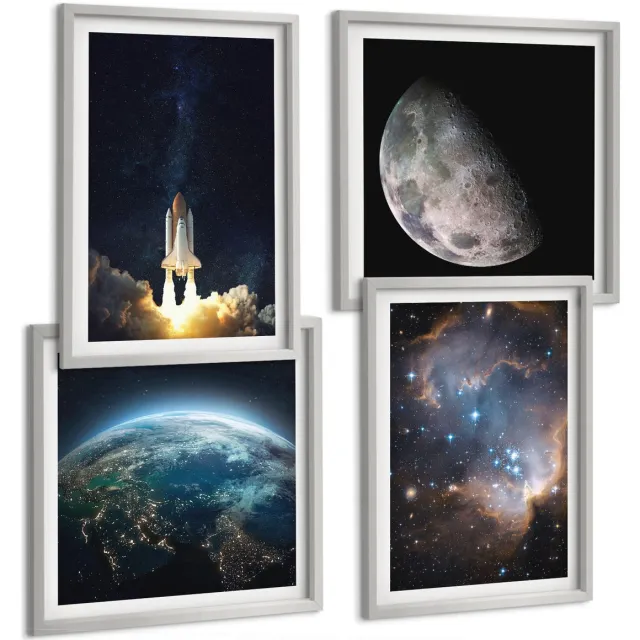 Coloray 4-Delige Schilderij Set - Ruimte Aarde Raket Melkweg Hemel Sterren - 40 x 40 cm En 40 x 60 cm - Wanddecoratie - Woonkamer Decoratie - Decoratieve Schilderijen Zilveren lijst