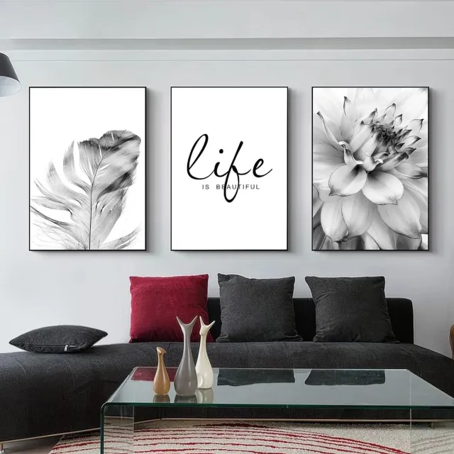 Trayosin 3-delige premium posterset, esthetische bloemen, zwart, wit, veer, paardenbloem, foto's, moderne wandafbeeldingen, woonkamer, slaapkamer, wanddecoratie, kunst zonder lijst (A, 50 x 70 cm)