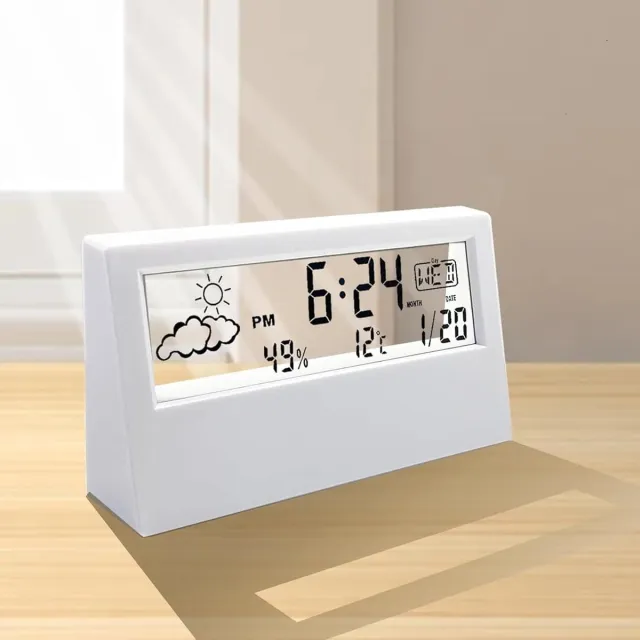 carmdering Digitale Wekker met Transparant Display – Batterijgevoede Tafelklok met Alarm, Datum, Temperatuur en Luchtvochtigheid – Modern & Compact Design voor Slaapkamer en Bureau-wit