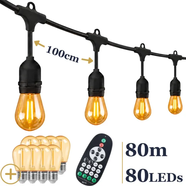 Odaily S14 Lichtsnoer 80m - 80 LEDs Amber - IP65 - Extra Warm Wit Licht - Dimbaar - Premium Kwaliteit