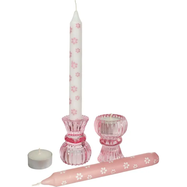 comforder Cadeauset Glazen Kandelaar Gekleurd - Waxinelichthouders Set Incl. 2 Dinerkaarsen en 2 Waxinelichtjes - Roze Kaarsenstandaard