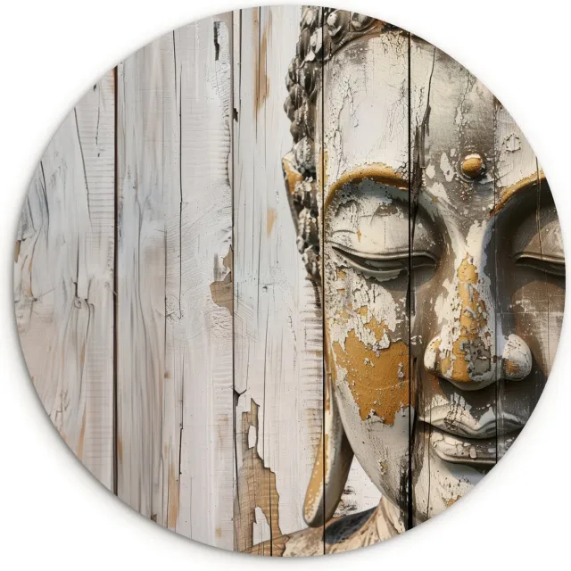 WallCircle Wandcirkel 60x60 cm - Muurcirkel Boeddha - Hout look - Modern - Industrieel - Zen - Symbool - Muurdecoratie woonkamer - Wanddecoratie slaapkamer - Kamer decoratie accessoires - Ronde schilderijen - Woonaccessoires cirkel Boeddha - Houtlook