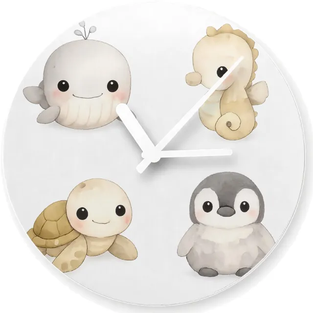 Mr Cadeautjes Glazen klok Ø 20 - design Pastel zeedierenportretten met minimalistische witte ruimte | cadeau