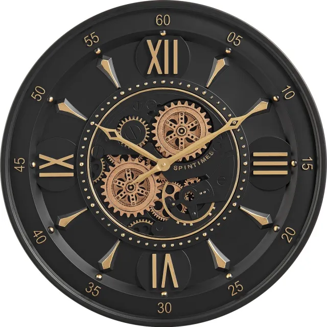 Fresco Wandklok Ø 60 cm – Zwart/Goud – Bewegende Tandwielen – Industrieel Luxe & Stil Uurwerk