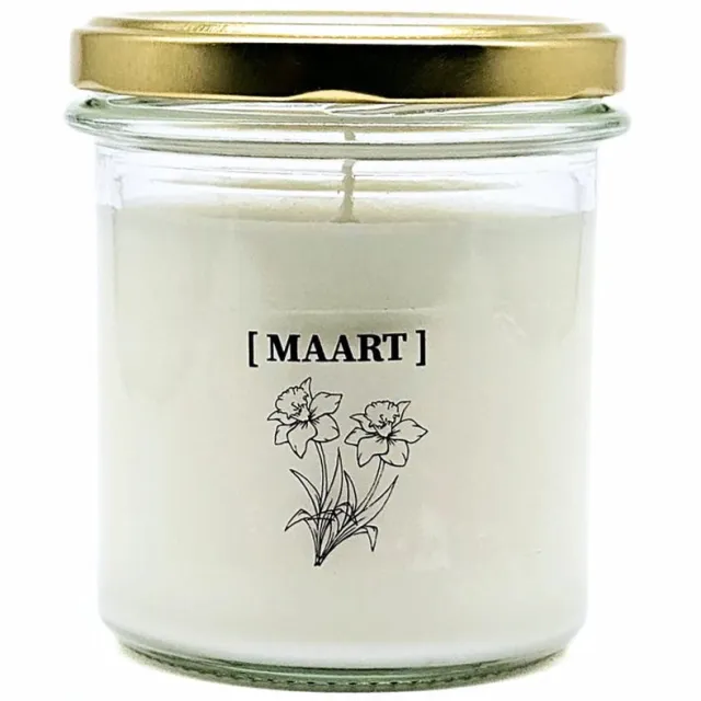 Candlelight-on geurkaars met geboortebloem en geboortedatum - 8 maart - o.b.v. sojawas en etherische oliën Wit