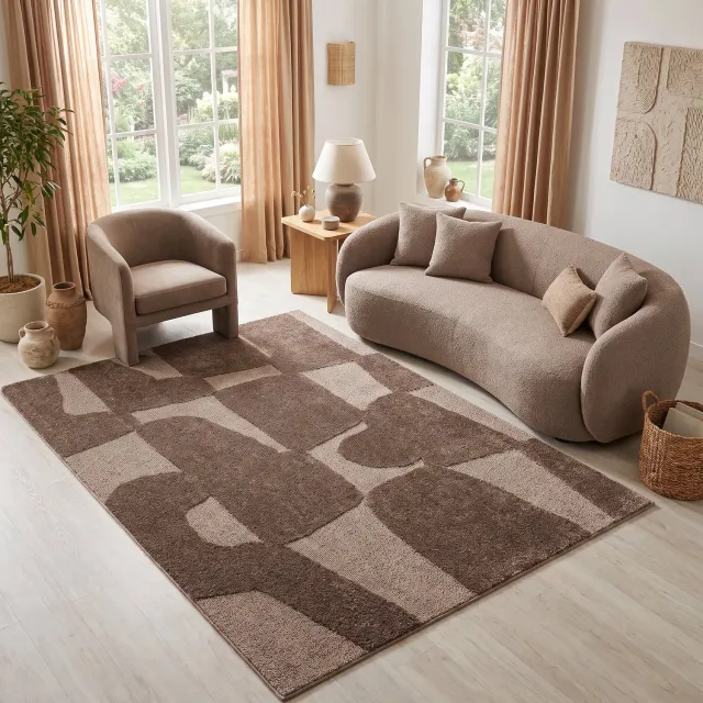 Tapiso Relievo Vloerkleed Abstract - 3D Hoog-Laag Structuur - Modern Tapijt voor Woonkamer en Slaapkamer - Taupe 200x300