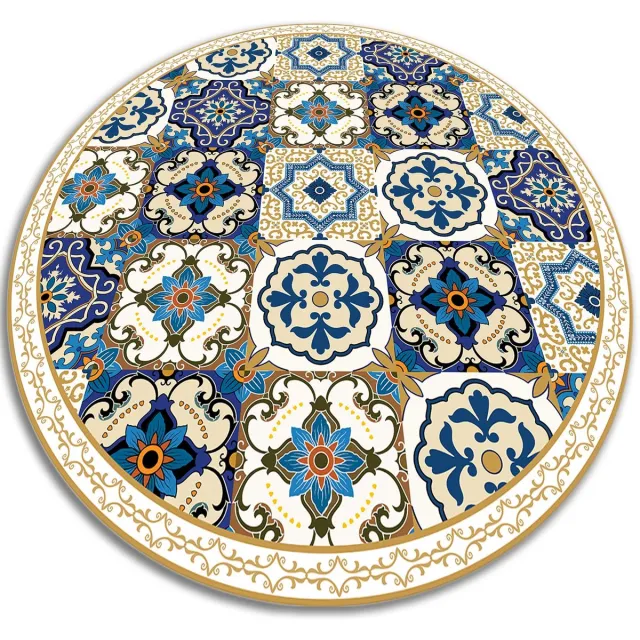TULUP Vinyl Tapijt - Portugese tegels Vloerkleed Op Vinyl - 60 cm - Blauw Vinylmat - Ronde PVC Floor Mat - Woonkamertapijt - Kantoortapijt Blauw en Geel Portugese tegels