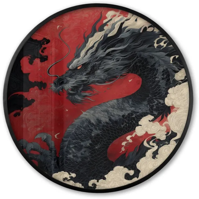 FrameYourWall Poster in lijst Rond - Fotolijst 80x80 cm - Posters - Zwarte draak - Rookwolken - Rood - Ronde posterlijst zwart - Decoratie - Wanddecoratie woonkamer - Muurdecoratie slaapkamer