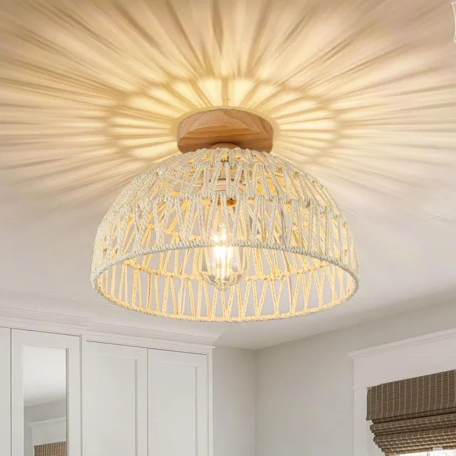 Flintry Bamboe Plafondlamp - Ø 30 cm - Plafonniere E27 Lamp – Boho Stijl – Half-inbouw – Geschikt Voor Woonkamer, Slaapkamer & Eetkamer – Crèmewit