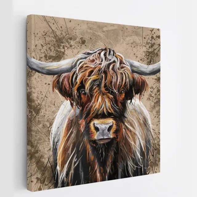Saammp Canvas Schilderij - Schotse Hooglander Koe - Portret - Landschap - Dieren - Natuur - 60x60 - Foto op canvas - Wanddecoratie - muurdecoratie Woonkamer - Slaapkamer decoratie - Canvas Print Multicolor