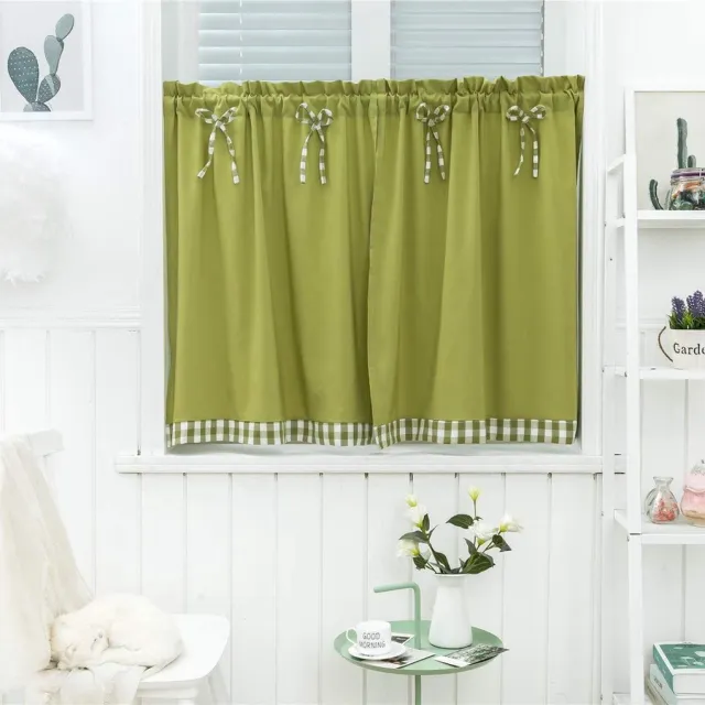 Dreamskull Korte gordijnen met klein venster, kort, landhuisstijl, ondoorzichtig, vitrage, korte gordijnen, modern, keuken, geruit, 90 cm hoog, set van 2 woonkamer, groen, 74 x 90 cm x 2